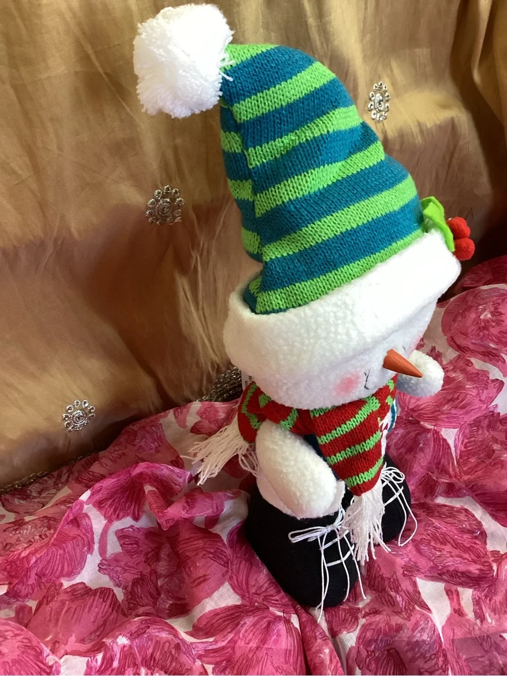 Plush Holiday Snowman with Green Striped Hat and Red-Green Scarf